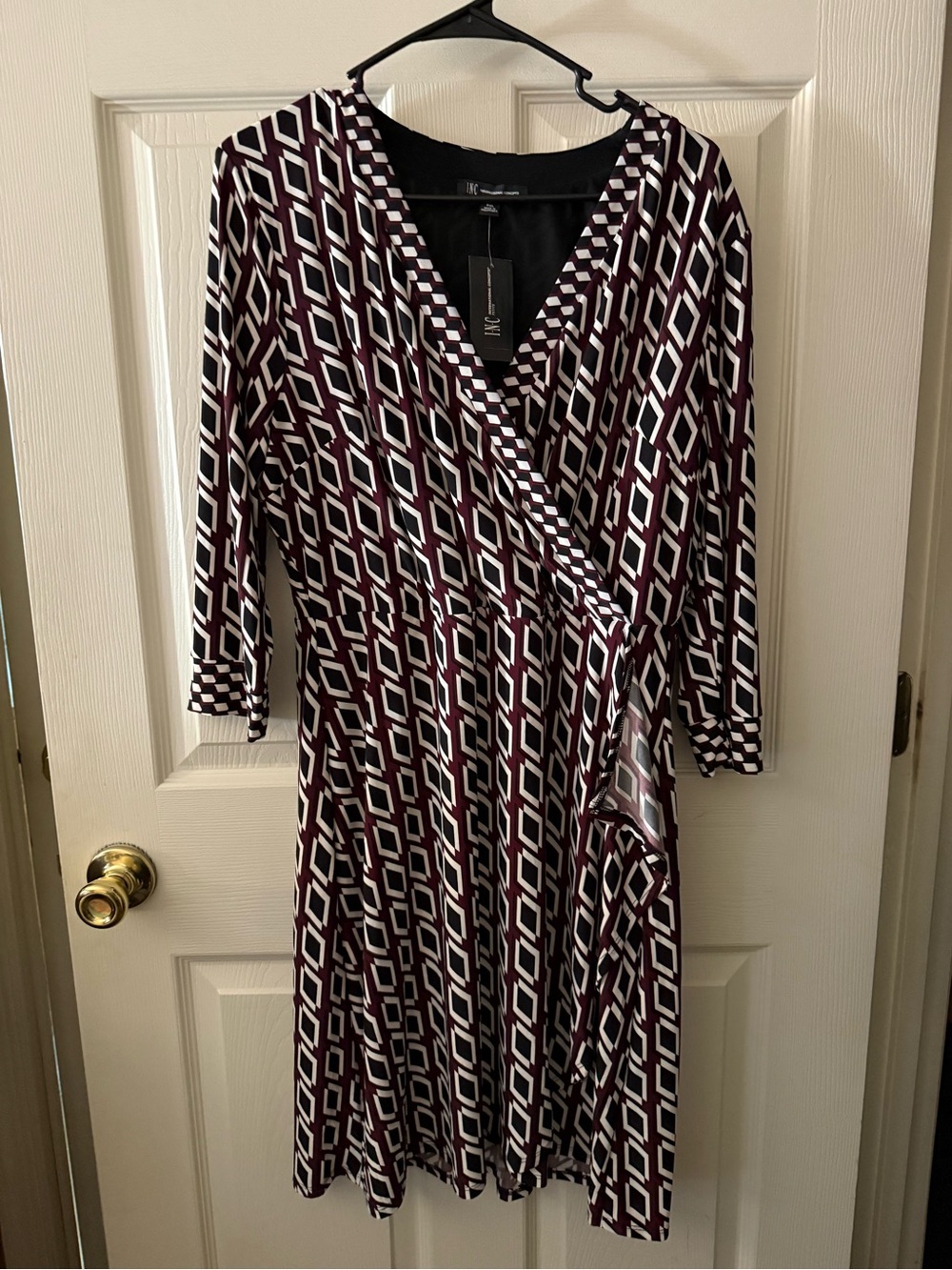 INC International Concepts Geometric Wrap Midi Dress in Burgundy and White